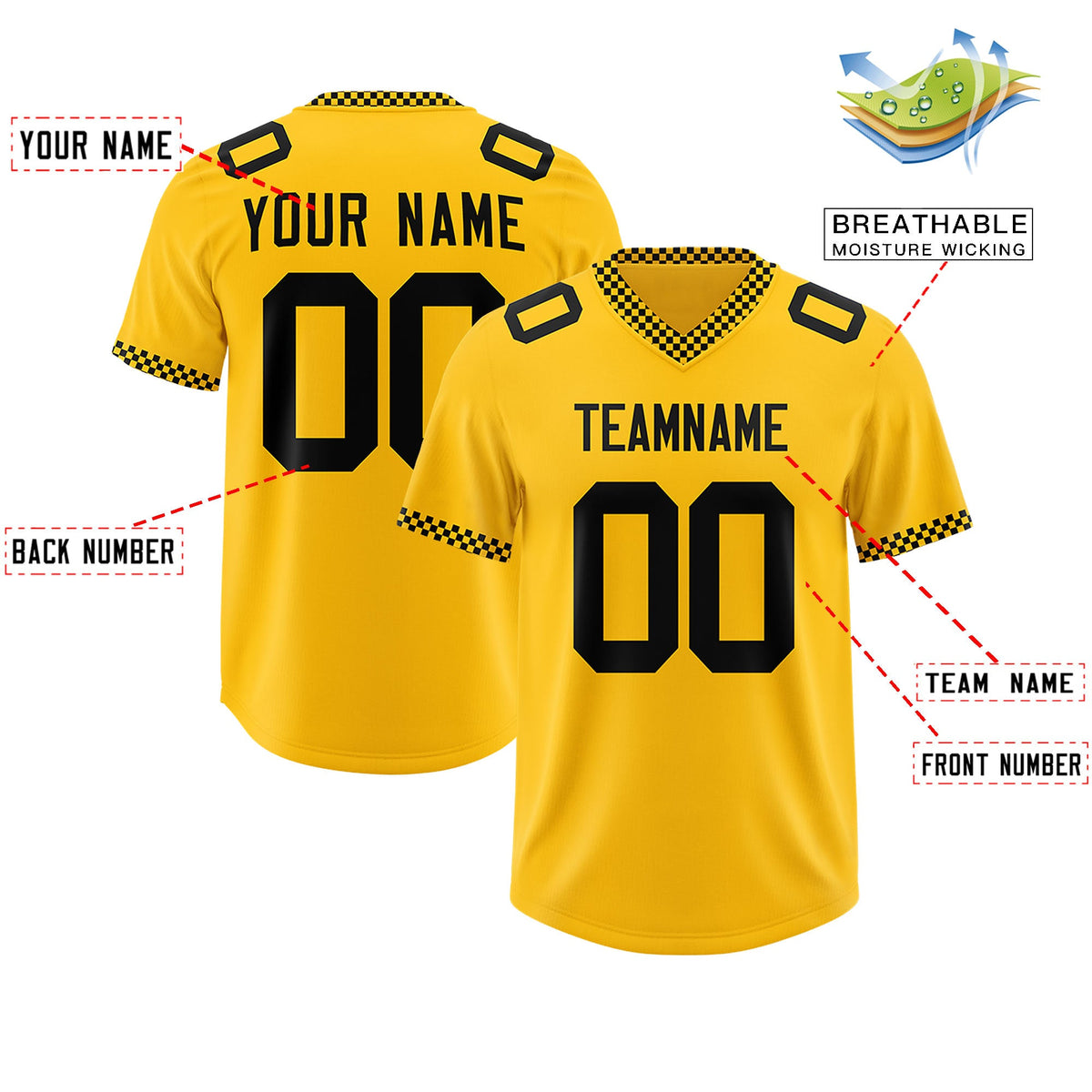 Custom Yellow Black Personalized Neckline Square Classic Authentic Football Jersey