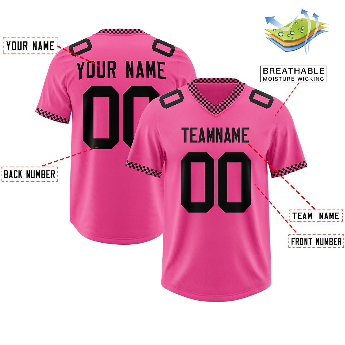 Custom Pink Black Personalized Neckline Square Classic Authentic Football Jersey