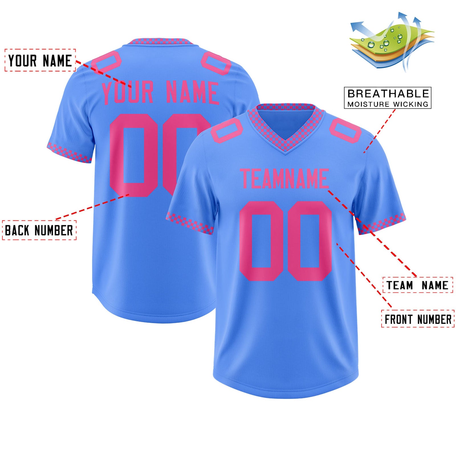 Custom Powder Blue Pink Personalized Neckline Square Classic Authentic Football Jersey