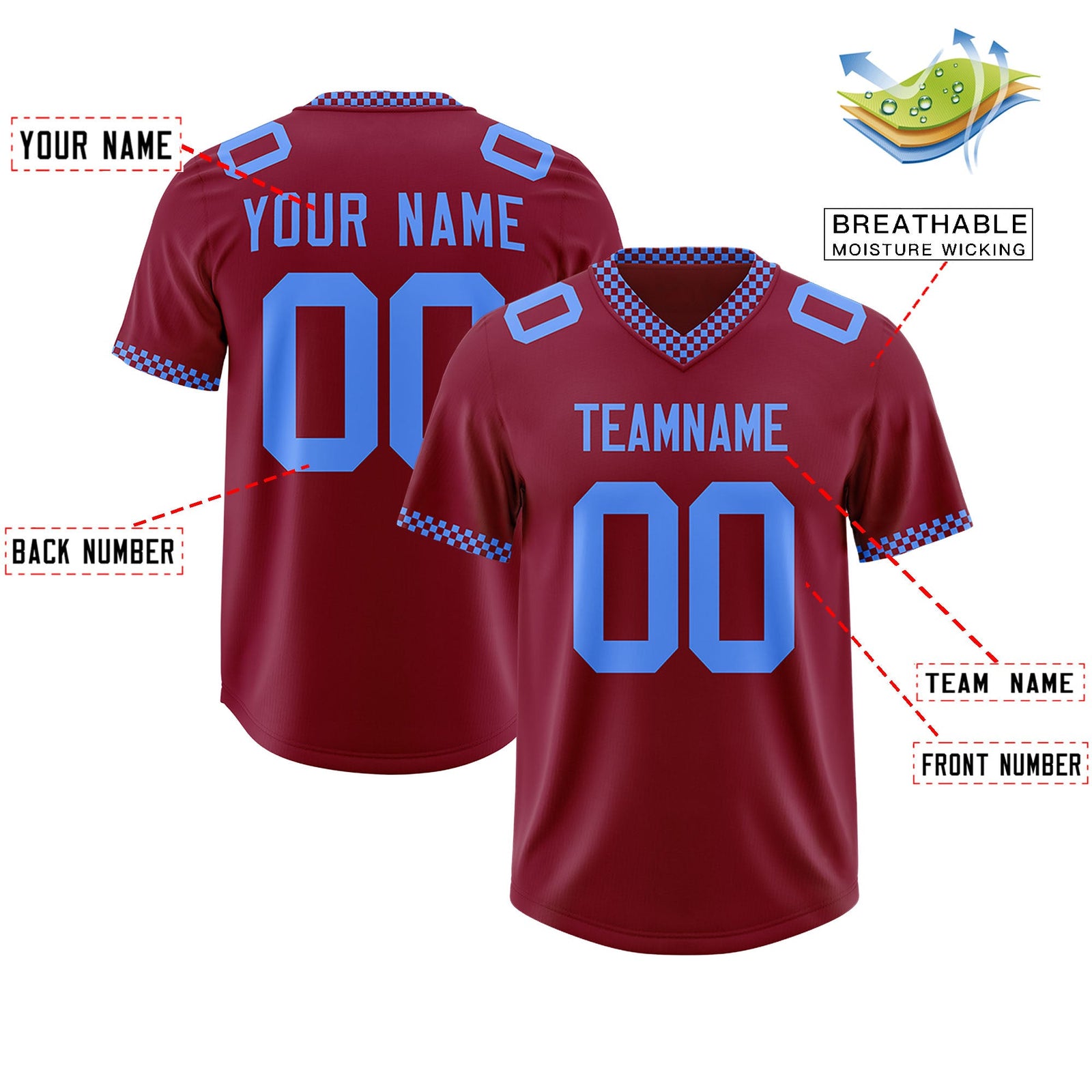 Custom Crimson Powder Blue Personalized Neckline Square Classic Authentic Football Jersey