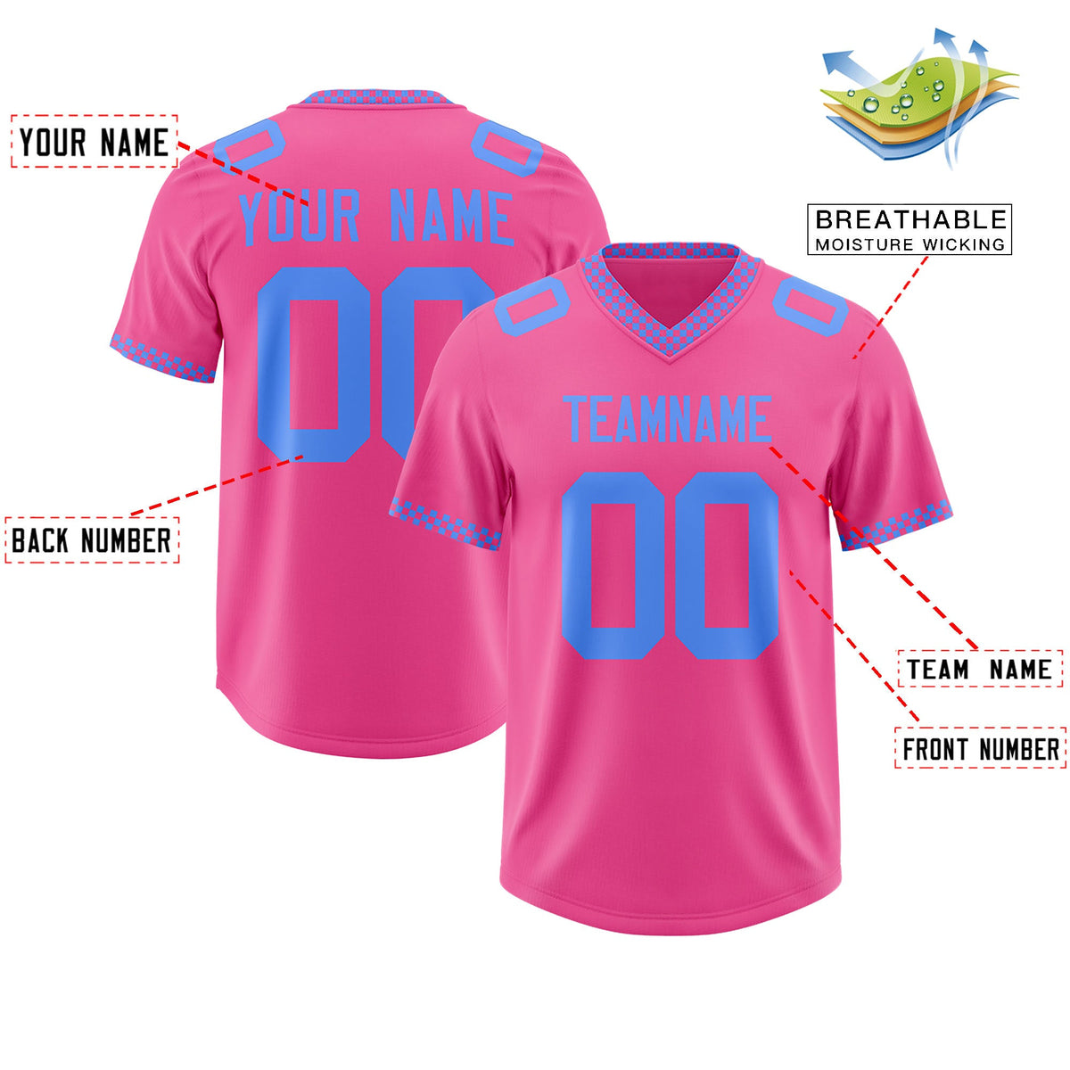 Custom Pink Powder Blue Personalized Neckline Square Classic Authentic Football Jersey