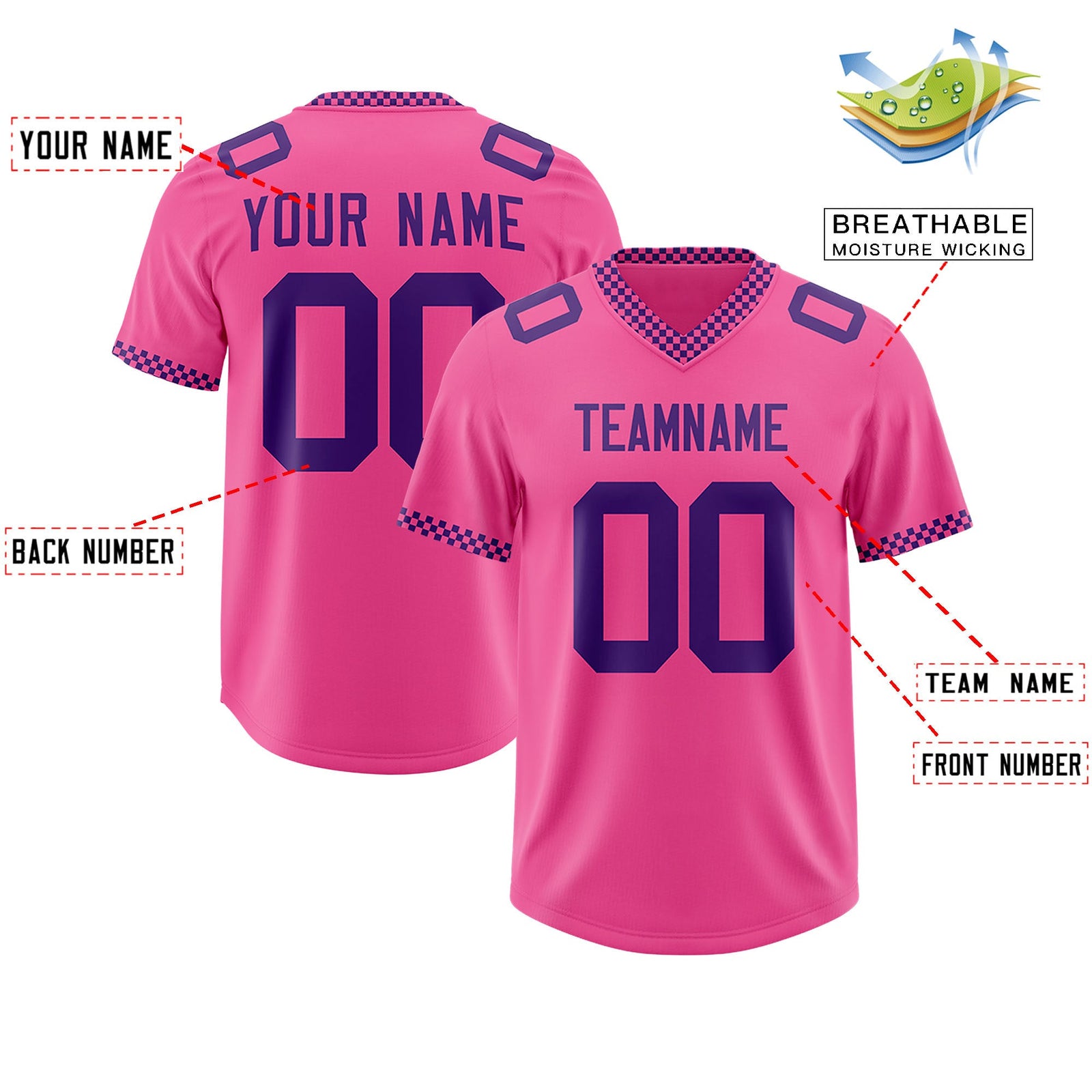 Custom Pink Purple Personalized Neckline Square Classic Authentic Football Jersey