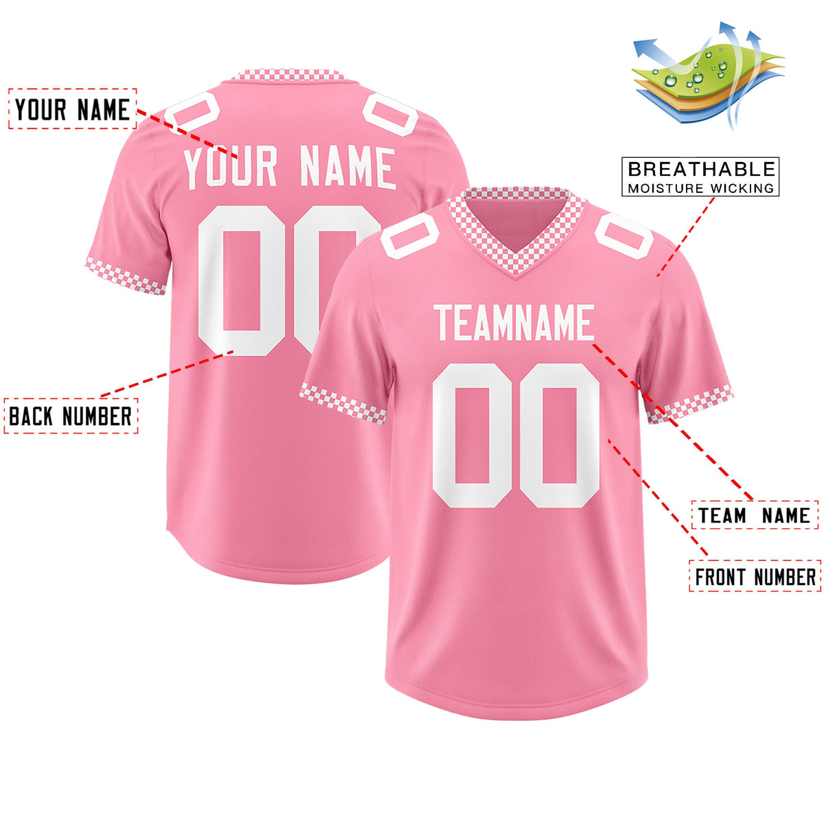Custom Light Pink White Personalized Neckline Square Classic Authentic Football Jersey