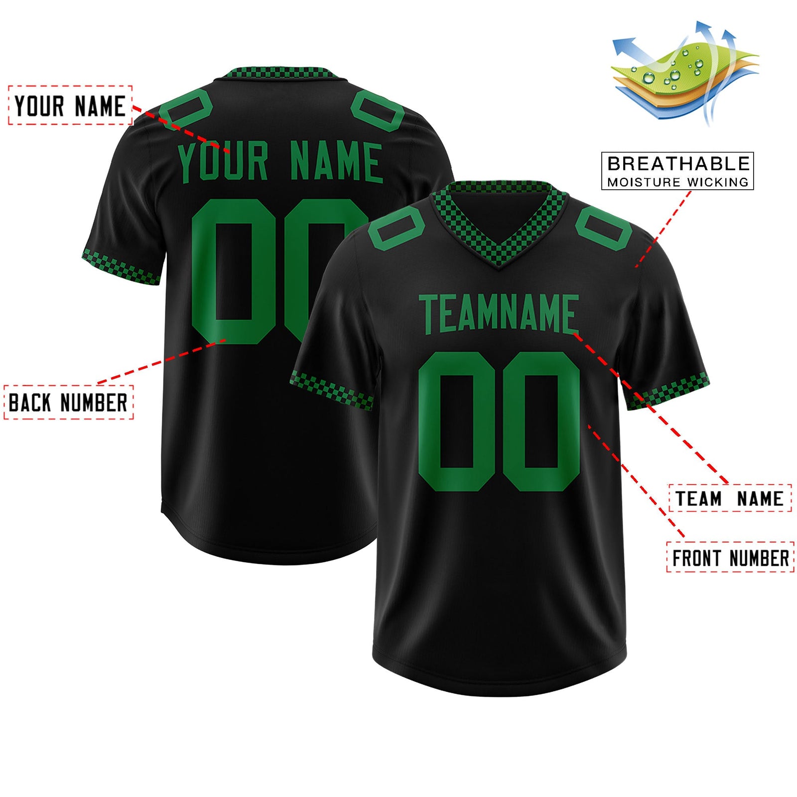 Custom Black Kelly Green Personalized Neckline Square Classic Authentic Football Jersey