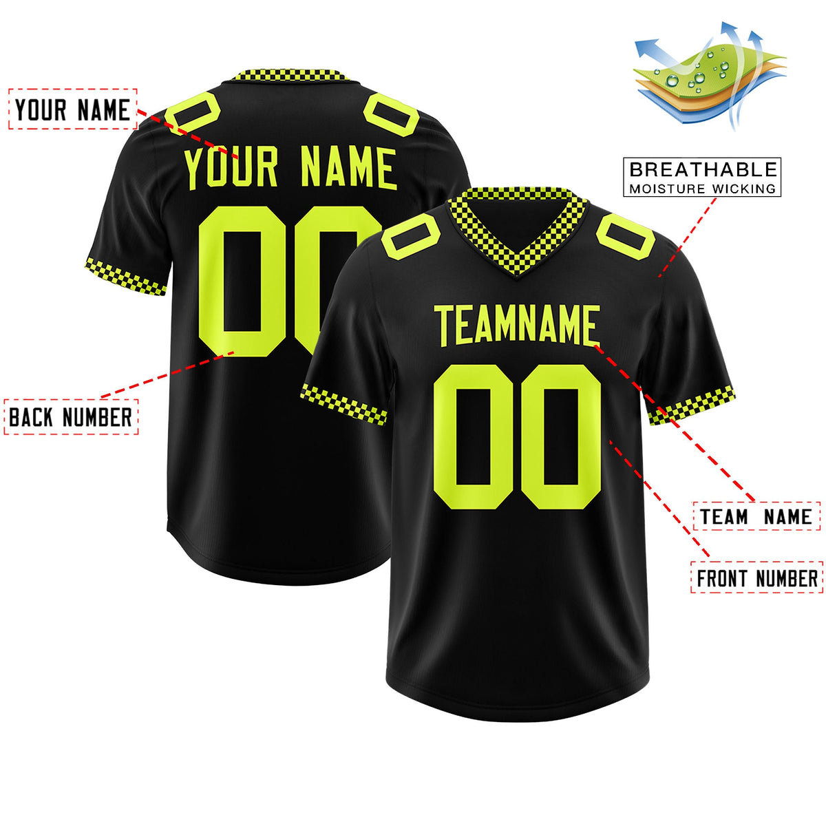 Custom Black Fluorescent Green Personalized Neckline Square Classic Authentic Football Jersey