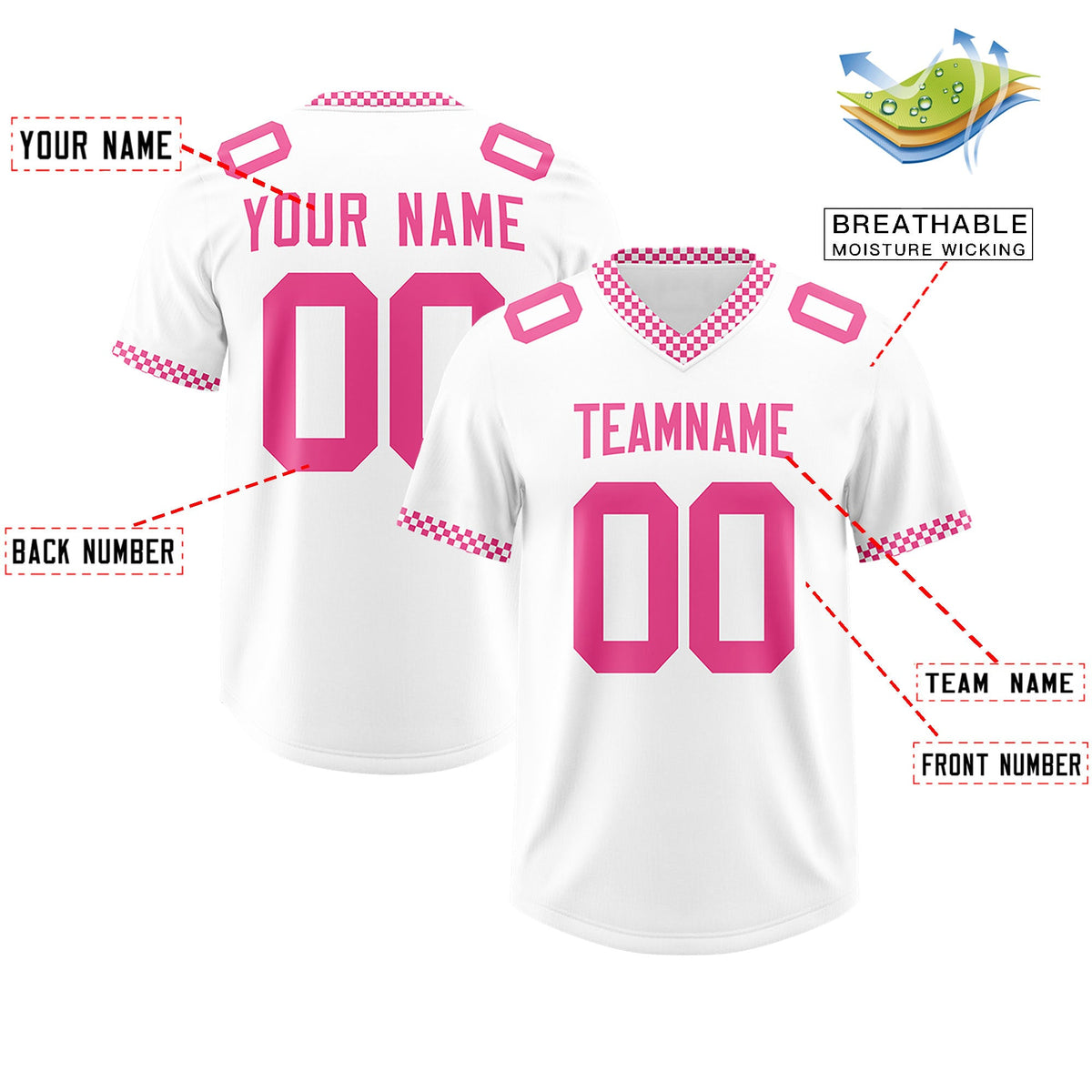 Custom White Pink Personalized Neckline Square Classic Authentic Football Jersey