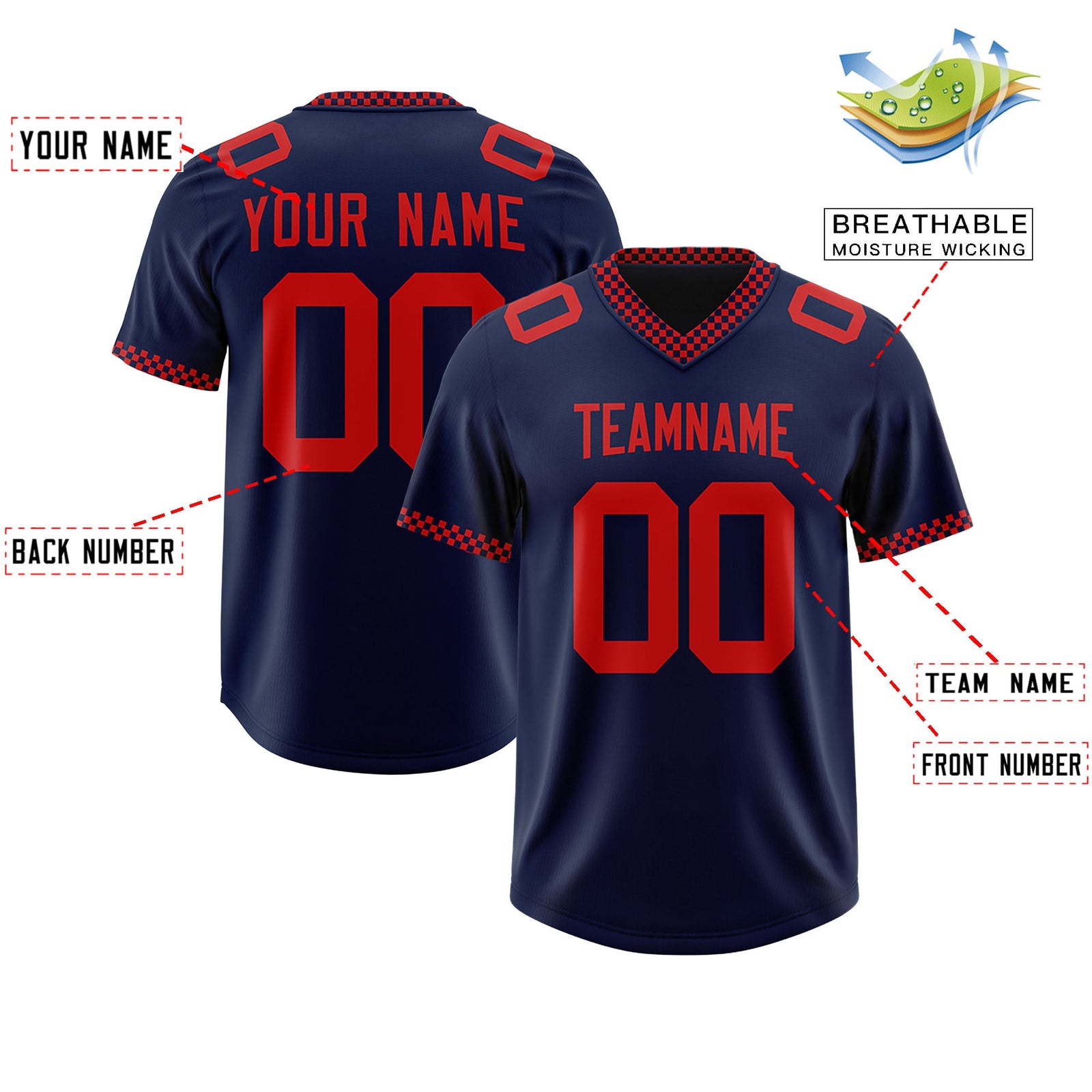 Custom Navy Red Personalized Neckline Square Classic Authentic Football Jersey