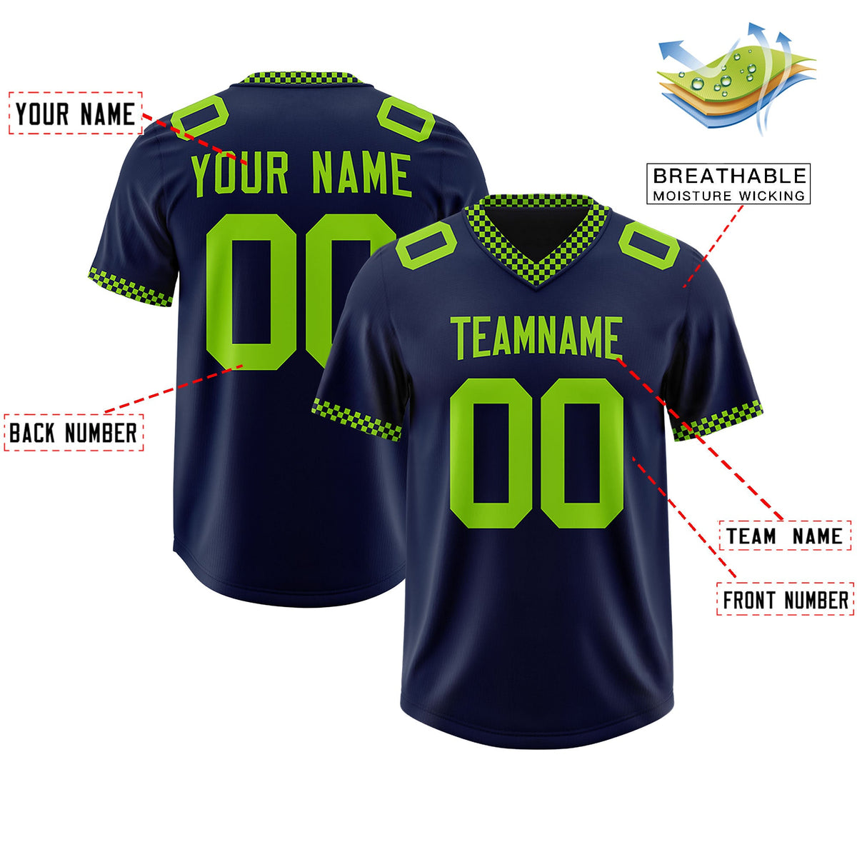 Custom Navy Neon Green Personalized Neckline Square Classic Authentic Football Jersey