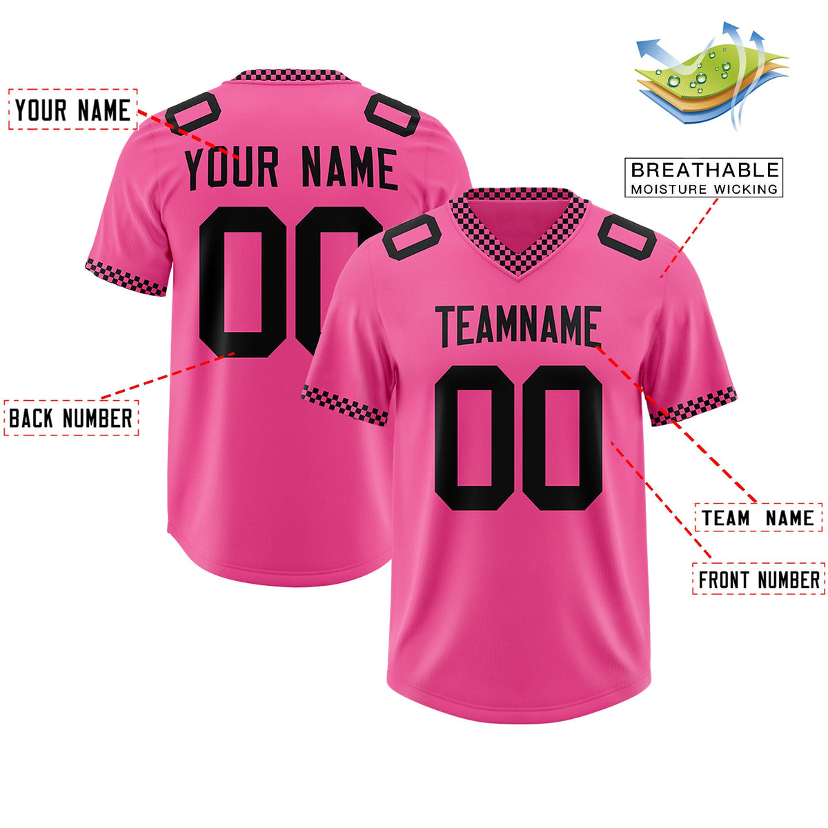 Custom Pink Black Personalized Neckline Square Classic Authentic Football Jersey