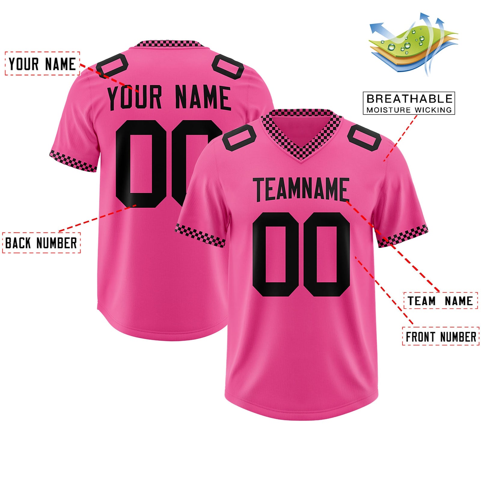 Custom Pink Black Personalized Neckline Square Classic Authentic Football Jersey
