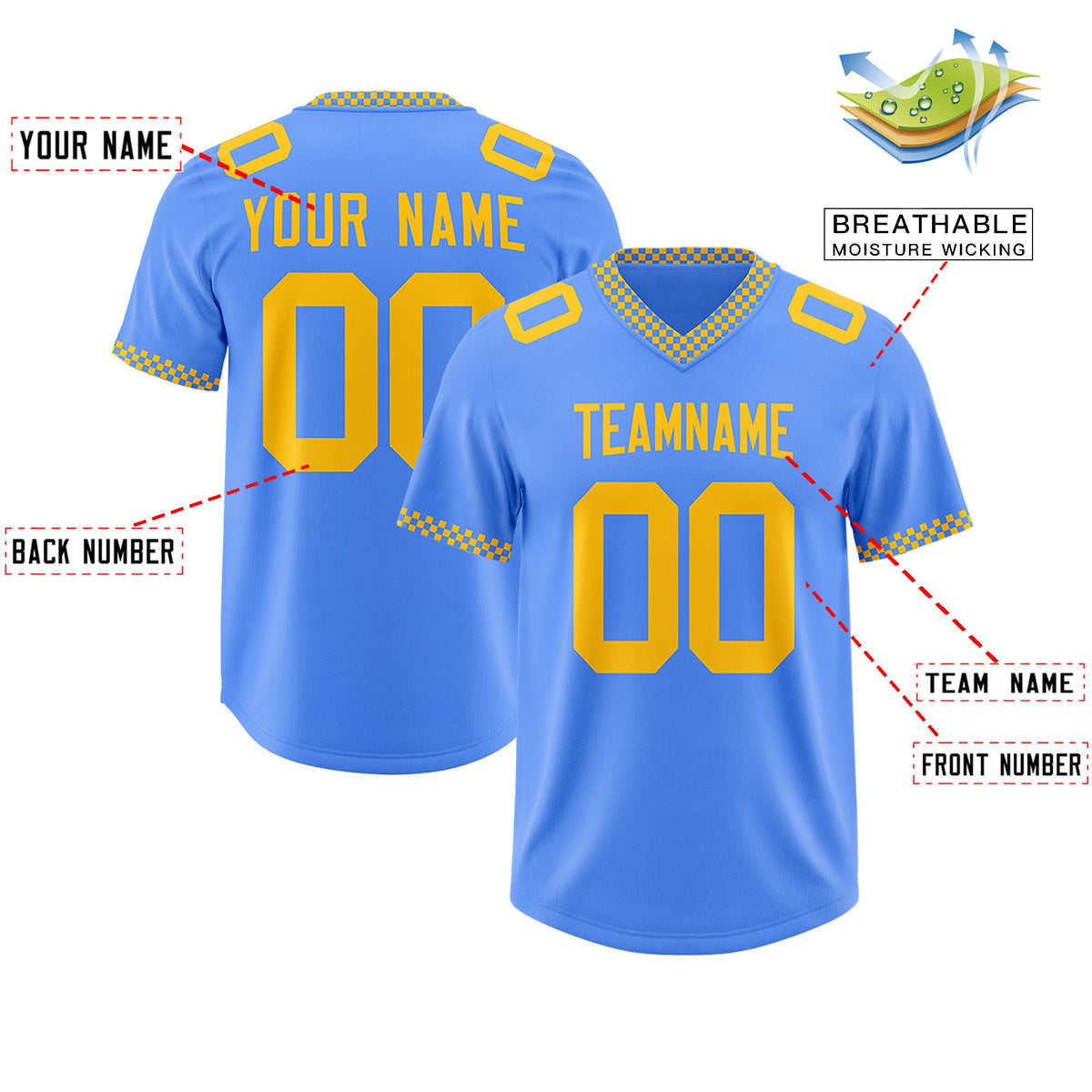 Custom Powder Blue Yellow Personalized Neckline Square Classic Authentic Football Jersey