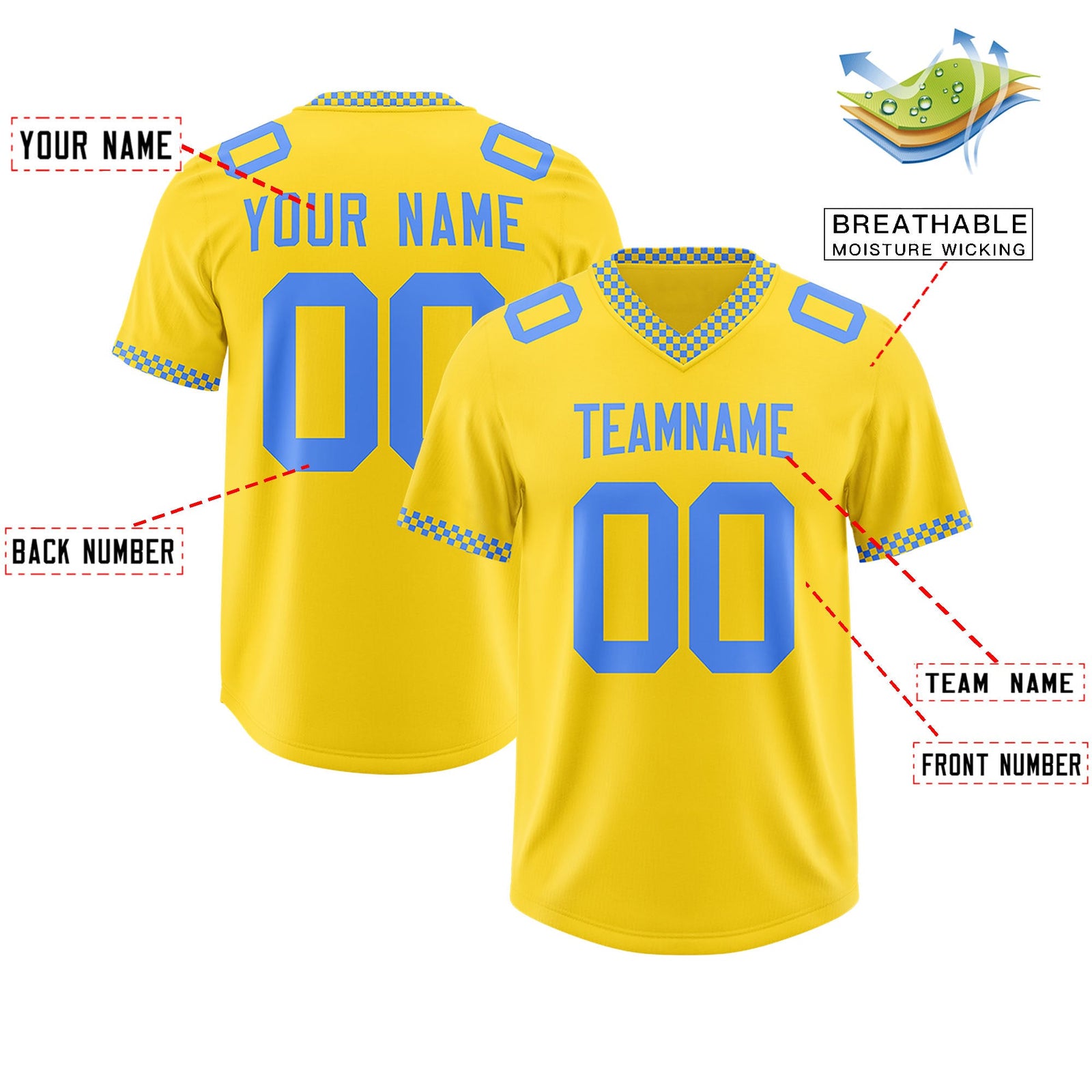 Custom Gold Powder Blue Personalized Neckline Square Classic Authentic Football Jersey