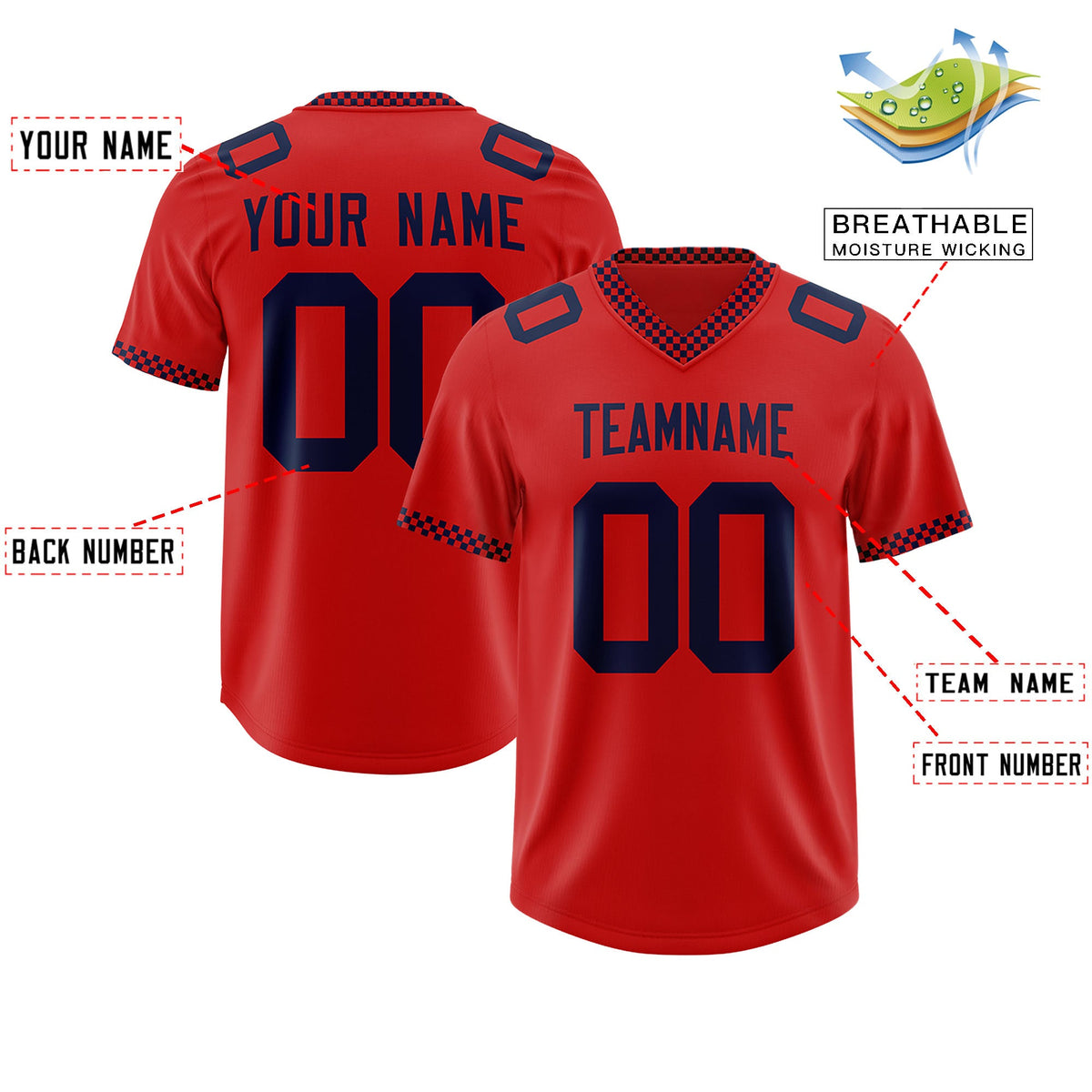 Custom Red Navy Personalized Neckline Square Classic Authentic Football Jersey
