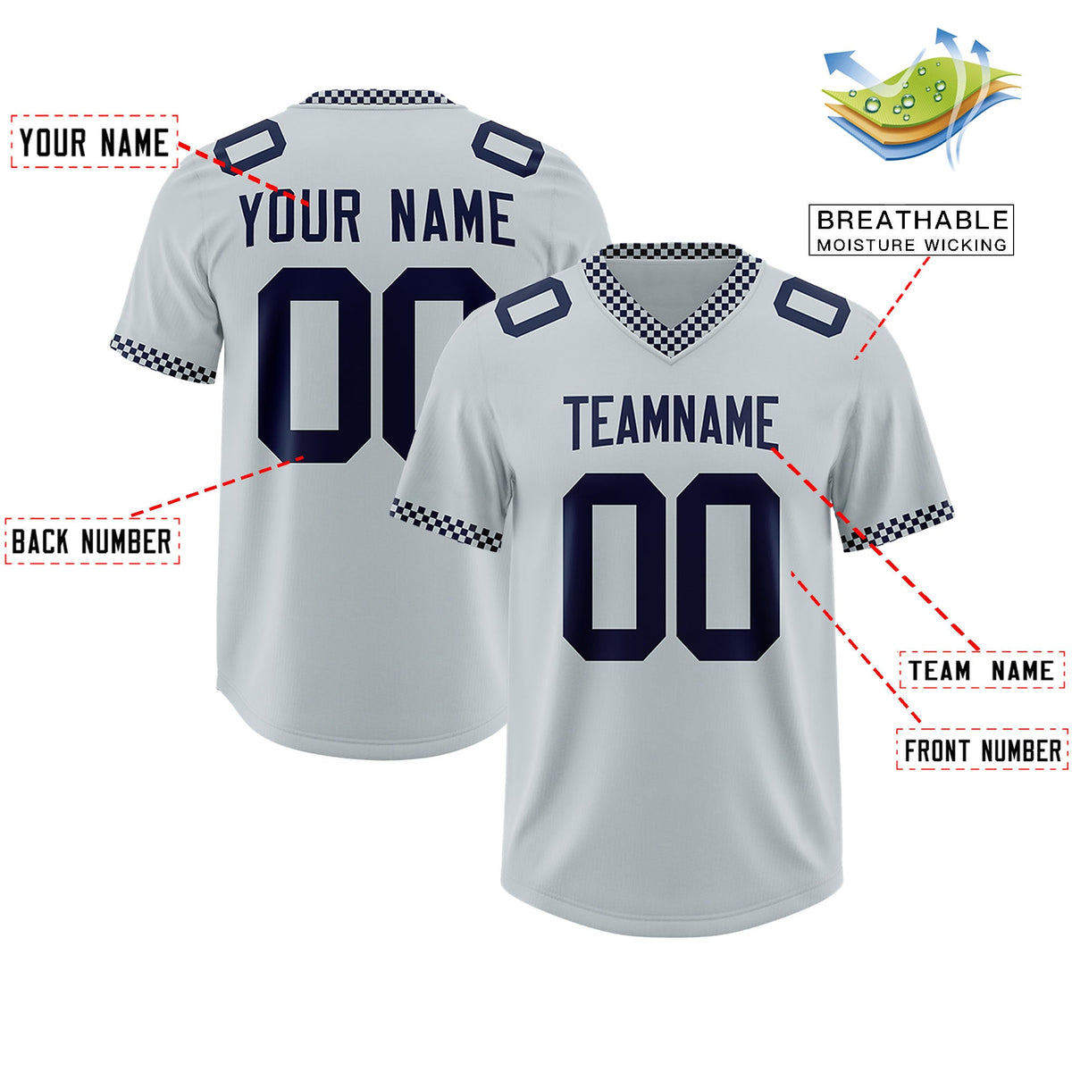 Custom Silver Navy Personalized Neckline Square Classic Authentic Football Jersey