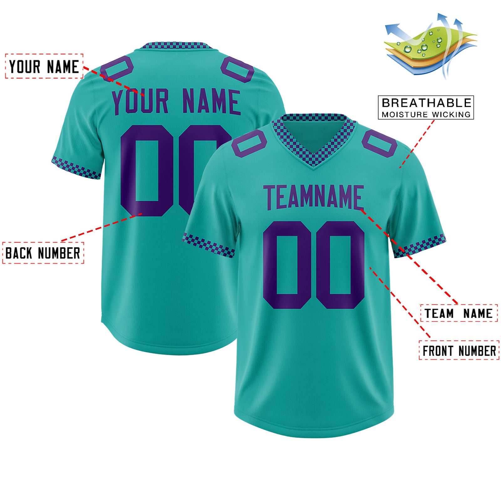 Custom Aqua Purple Personalized Neckline Square Classic Authentic Football Jersey