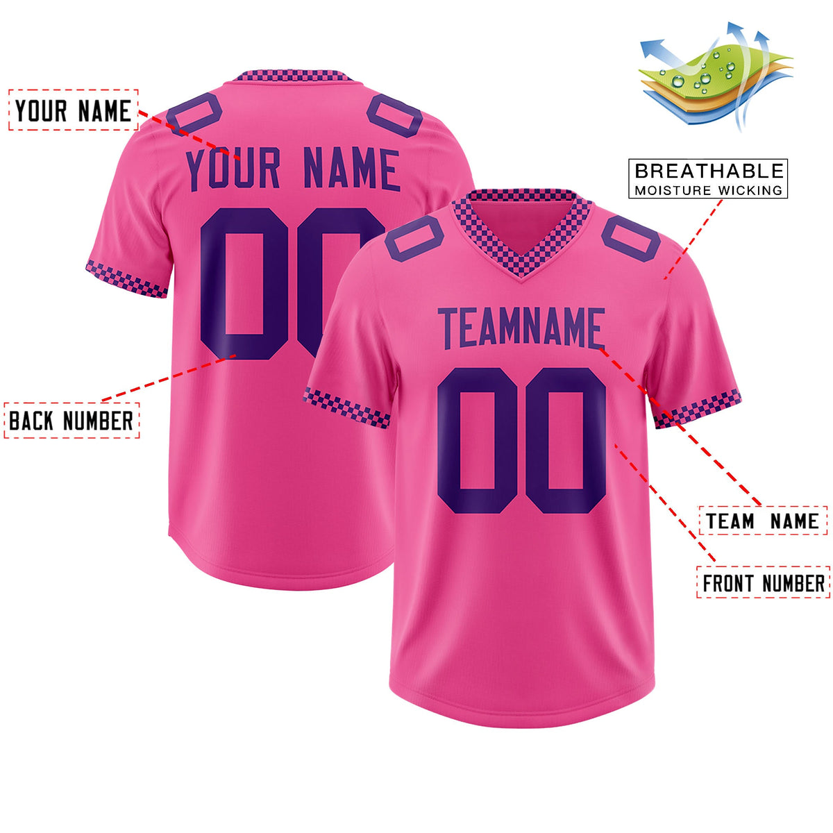 Custom Pink Purple Personalized Neckline Square Classic Authentic Football Jersey
