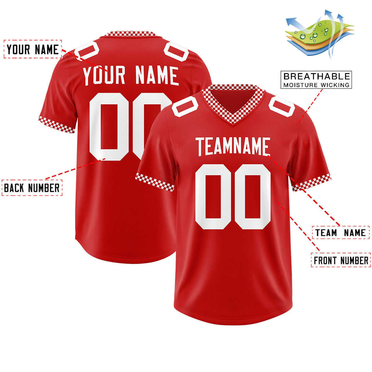 Custom Red White Personalized Neckline Square Classic Authentic Football Jersey