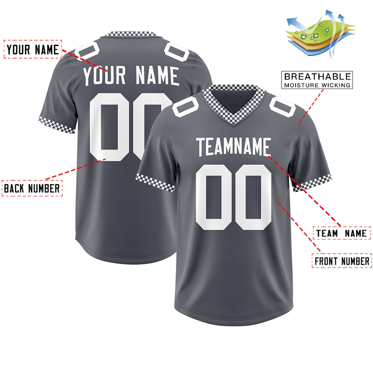 Custom Dark Gray White Personalized Neckline Square Classic Authentic Football Jersey