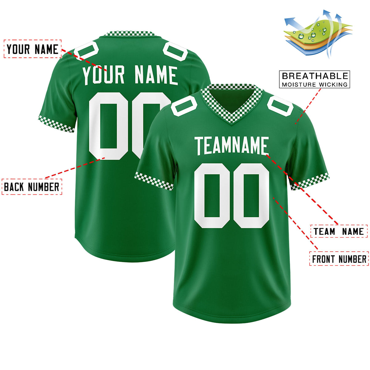 Custom Kelly Green White Personalized Neckline Square Classic Authentic Football Jersey
