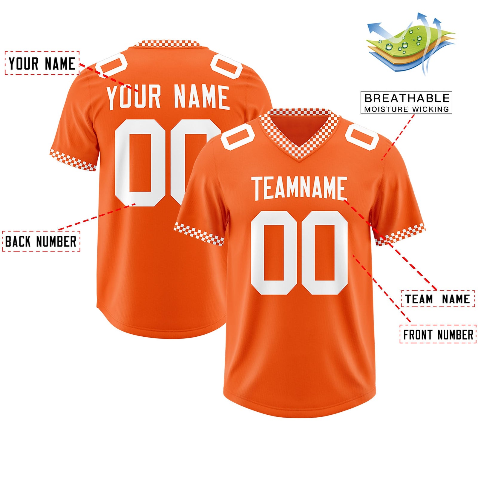 Custom Orange White Personalized Neckline Square Classic Authentic Football Jersey