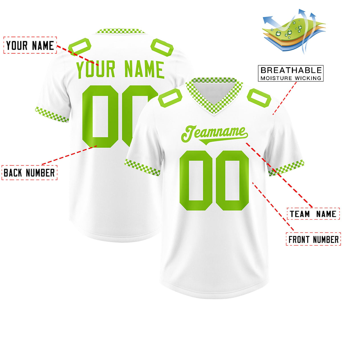 Custom White Neon Green Personalized Neckline Square Classic Authentic Football Jersey