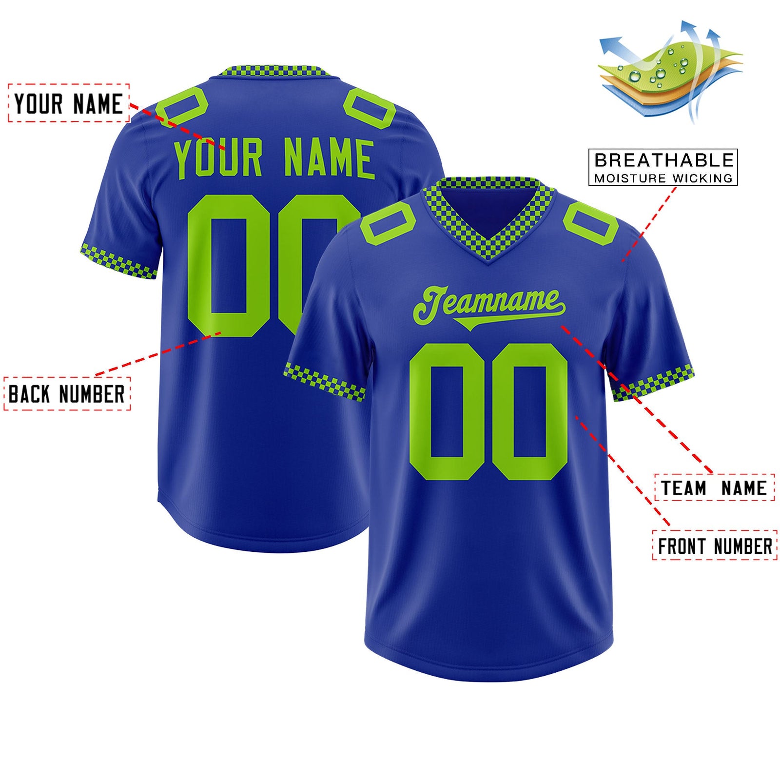 Custom Royal Neon Green Personalized Neckline Square Classic Authentic Football Jersey