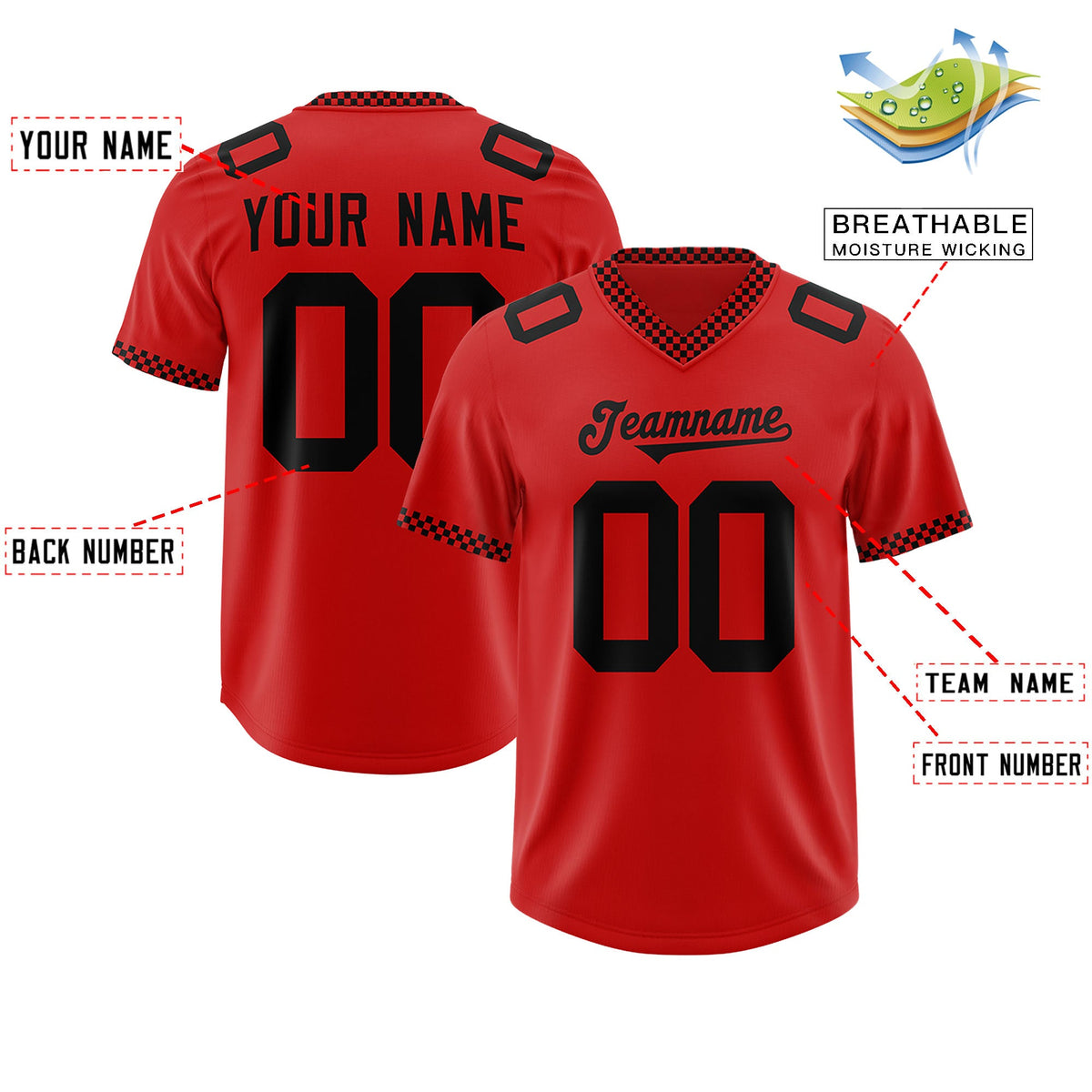 Custom Red Black Personalized Neckline Square Classic Authentic Football Jersey