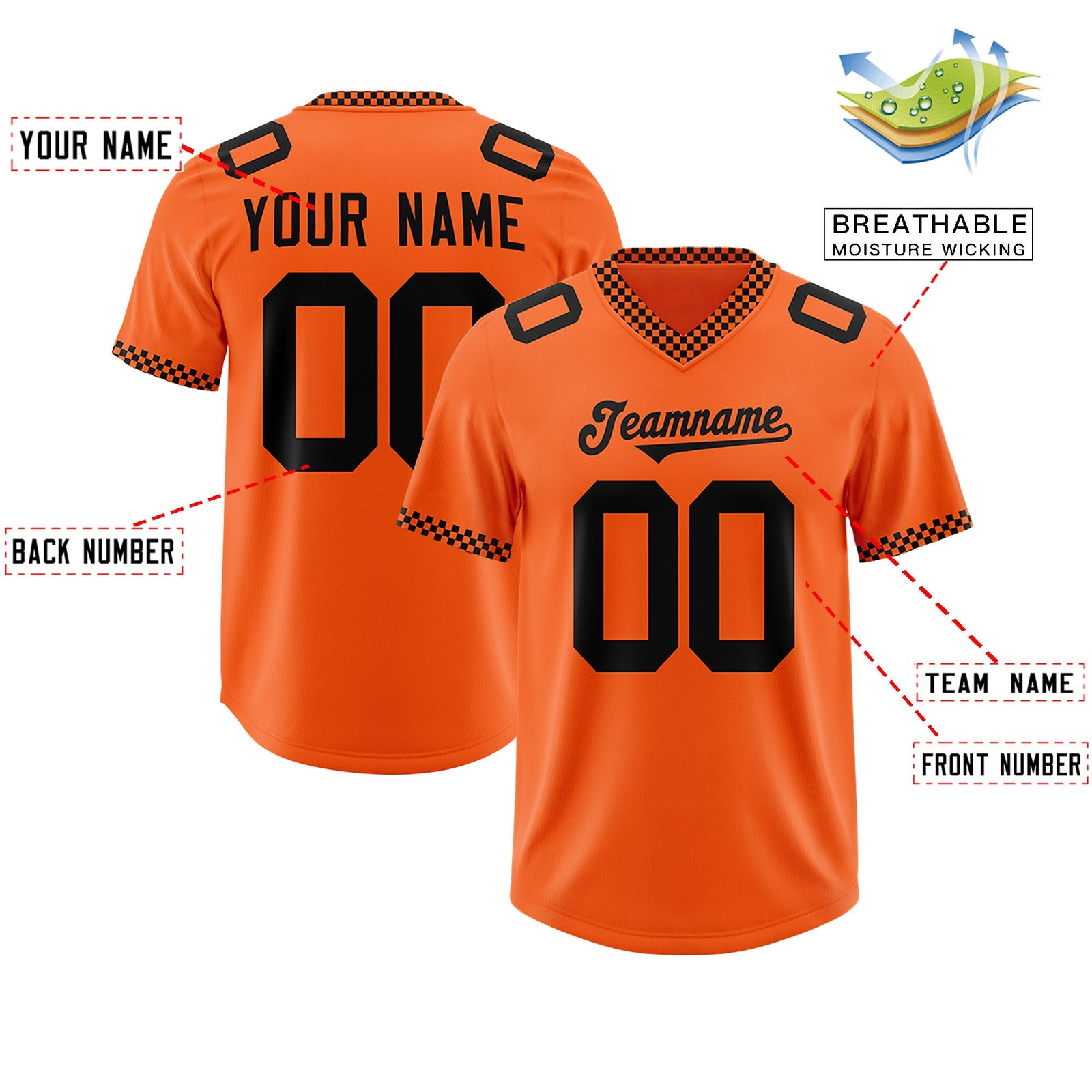 Custom Orange Black Personalized Neckline Square Classic Authentic Football Jersey