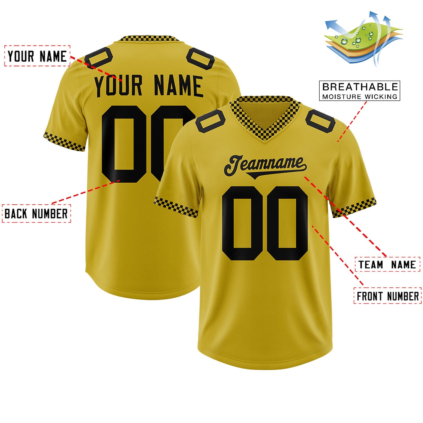 Custom Old Gold Black Personalized Neckline Square Classic Authentic Football Jersey