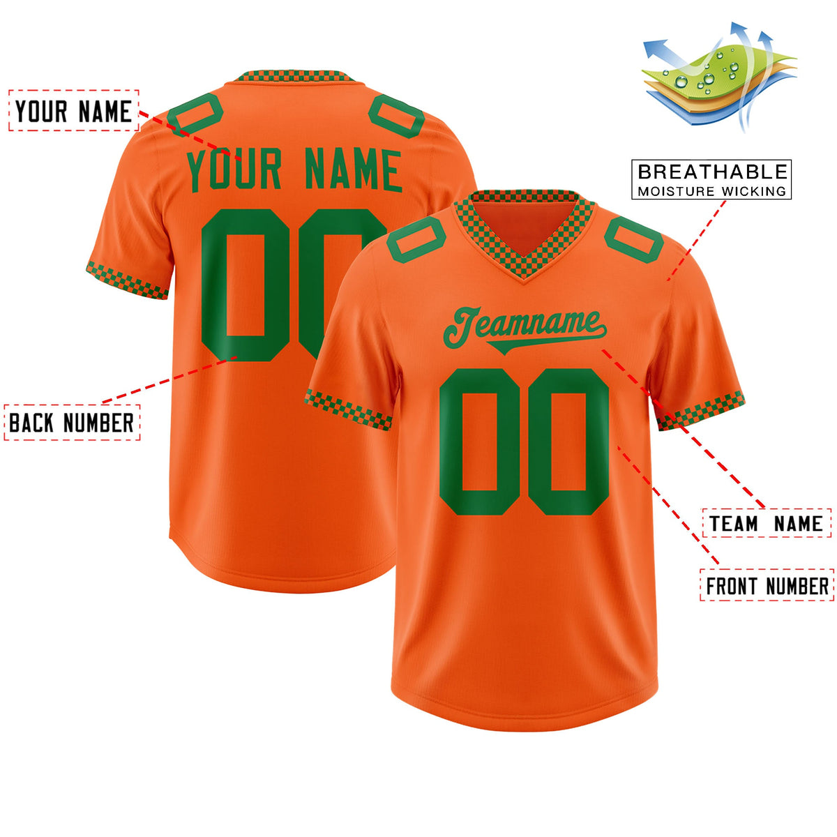 Custom Orange Kelly Green Personalized Neckline Square Classic Authentic Football Jersey