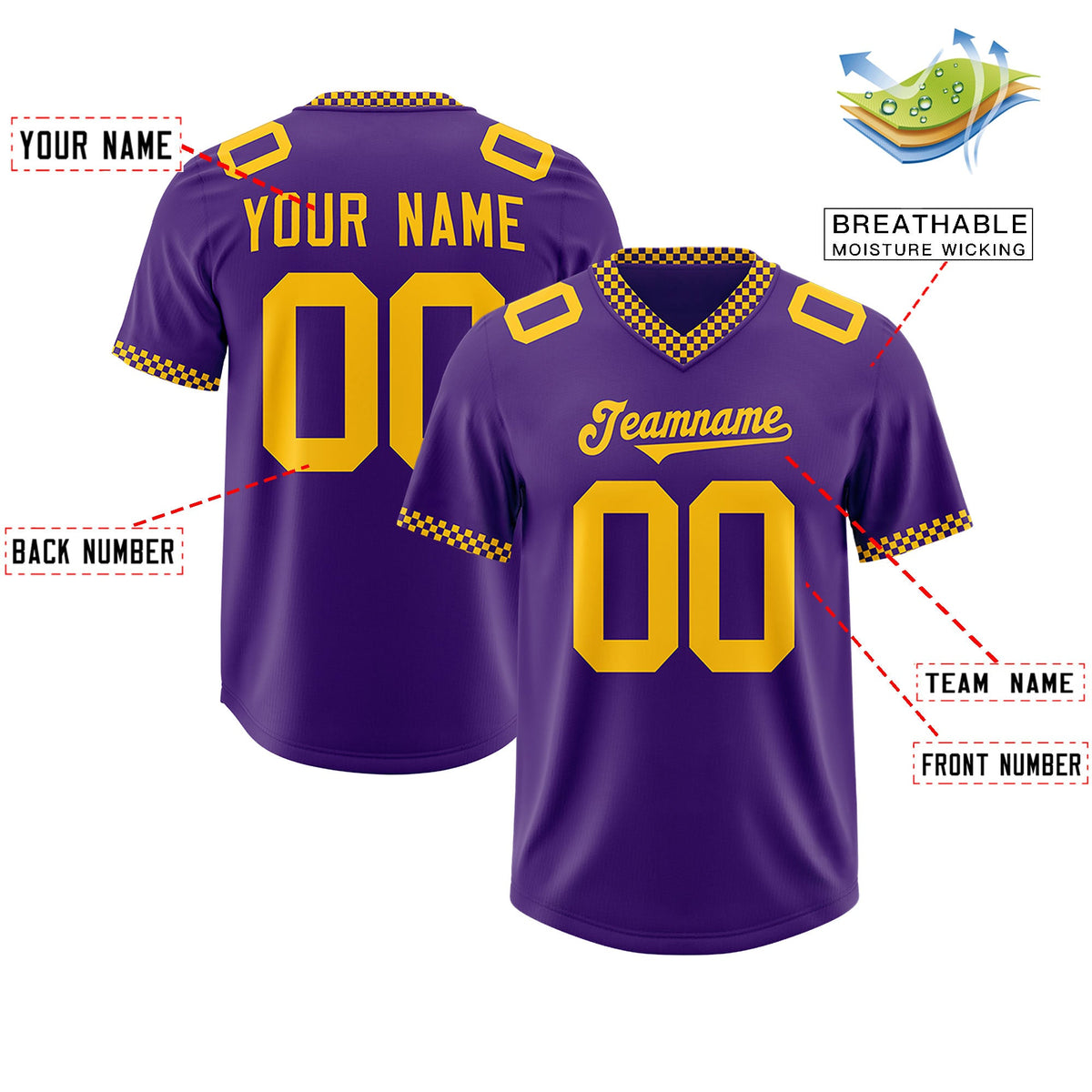 Custom Purple Yellow Personalized Neckline Square Classic Authentic Football Jersey
