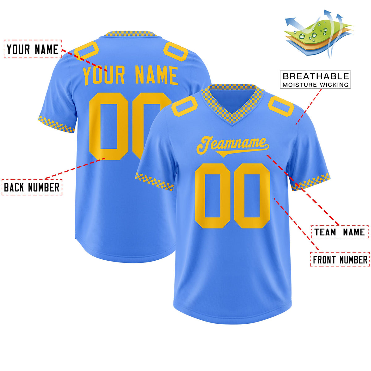 Custom Powder Blue Yellow Personalized Neckline Square Classic Authentic Football Jersey