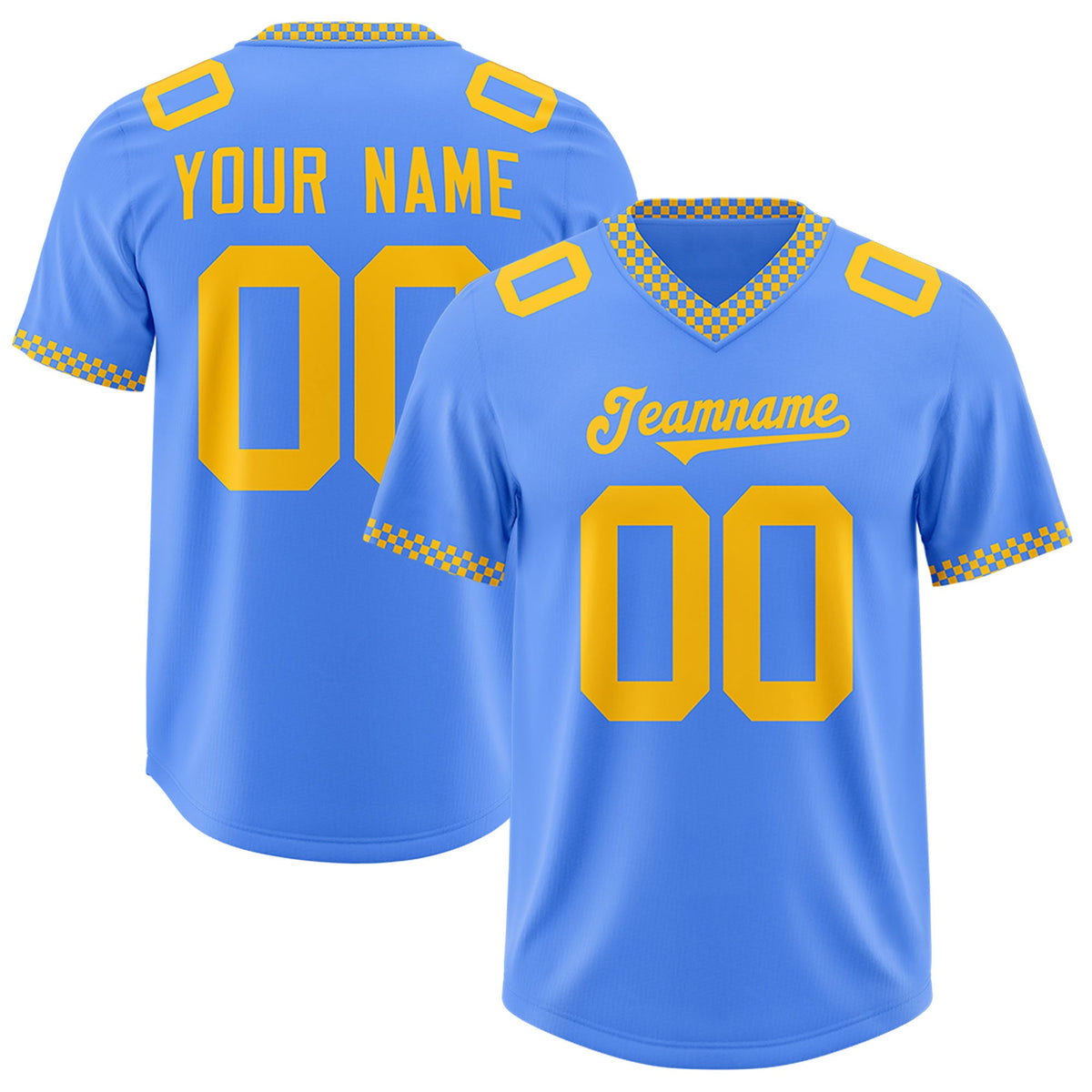 Custom Powder Blue Yellow Personalized Neckline Square Classic Authentic Football Jersey