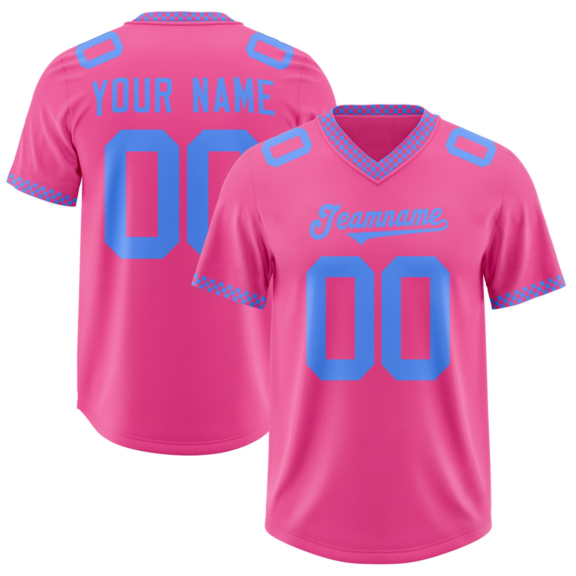 Custom Pink Powder Blue Personalized Neckline Square Classic Authentic Football Jersey
