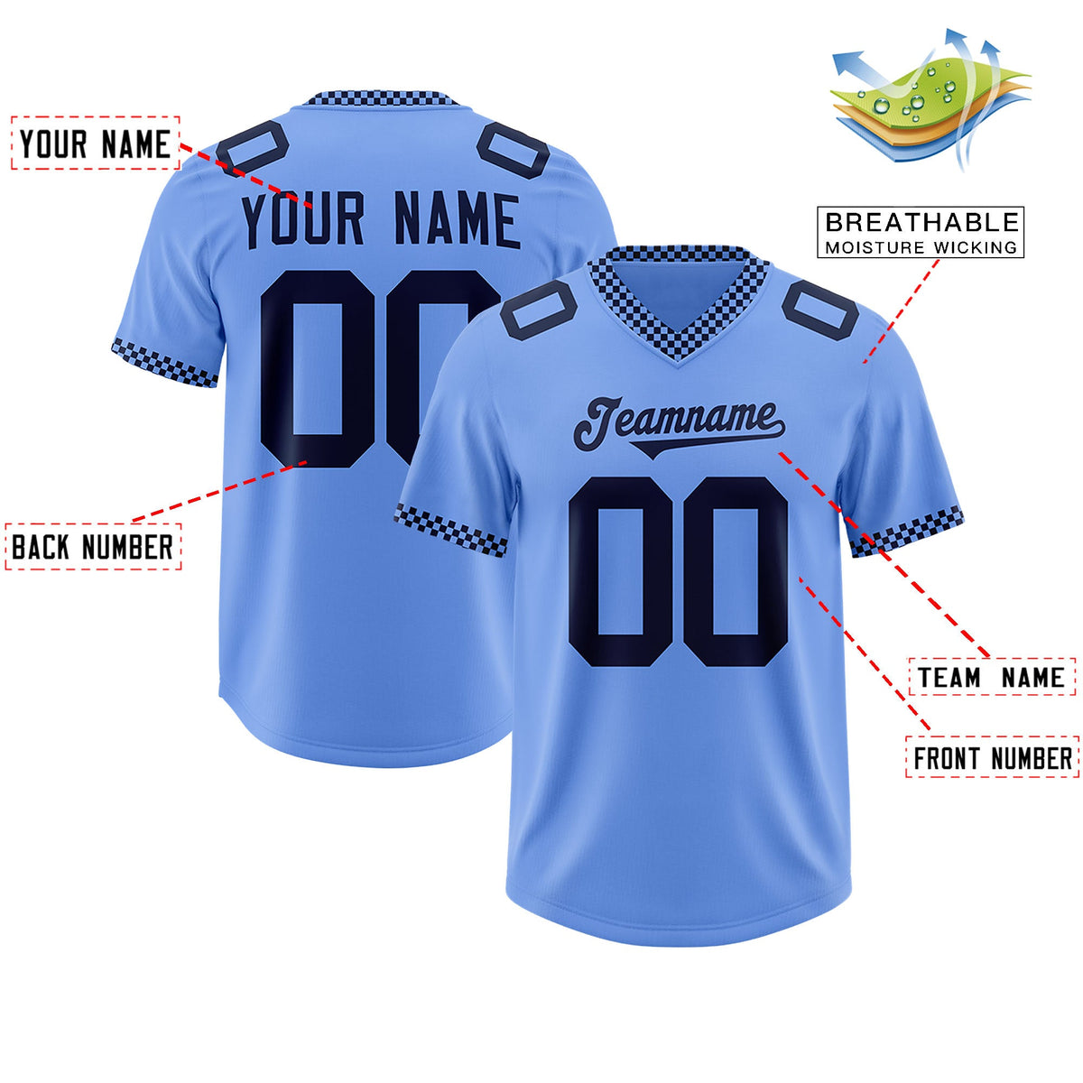 Custom Light Blue Navy Personalized Neckline Square Classic Authentic Football Jersey