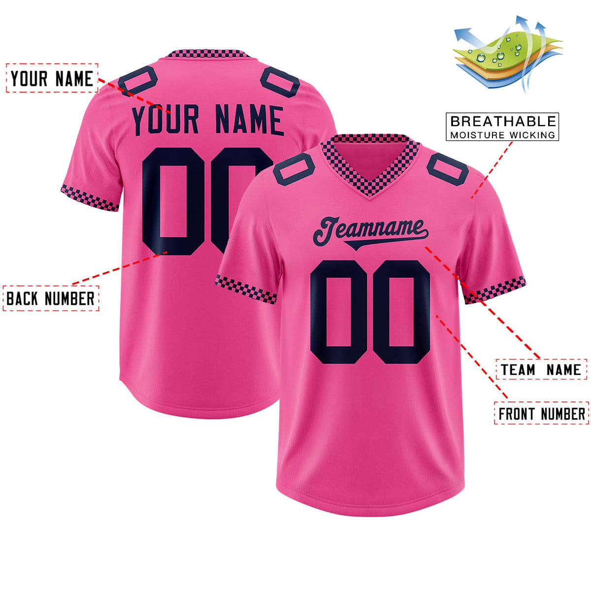 Custom Pink Navy Personalized Neckline Square Classic Authentic Football Jersey