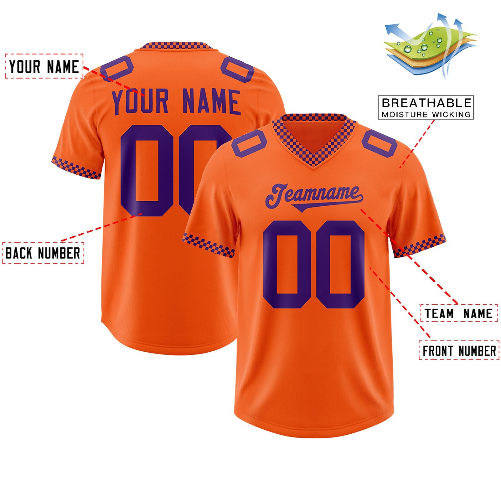 Custom Orange Purple Personalized Neckline Square Classic Authentic Football Jersey