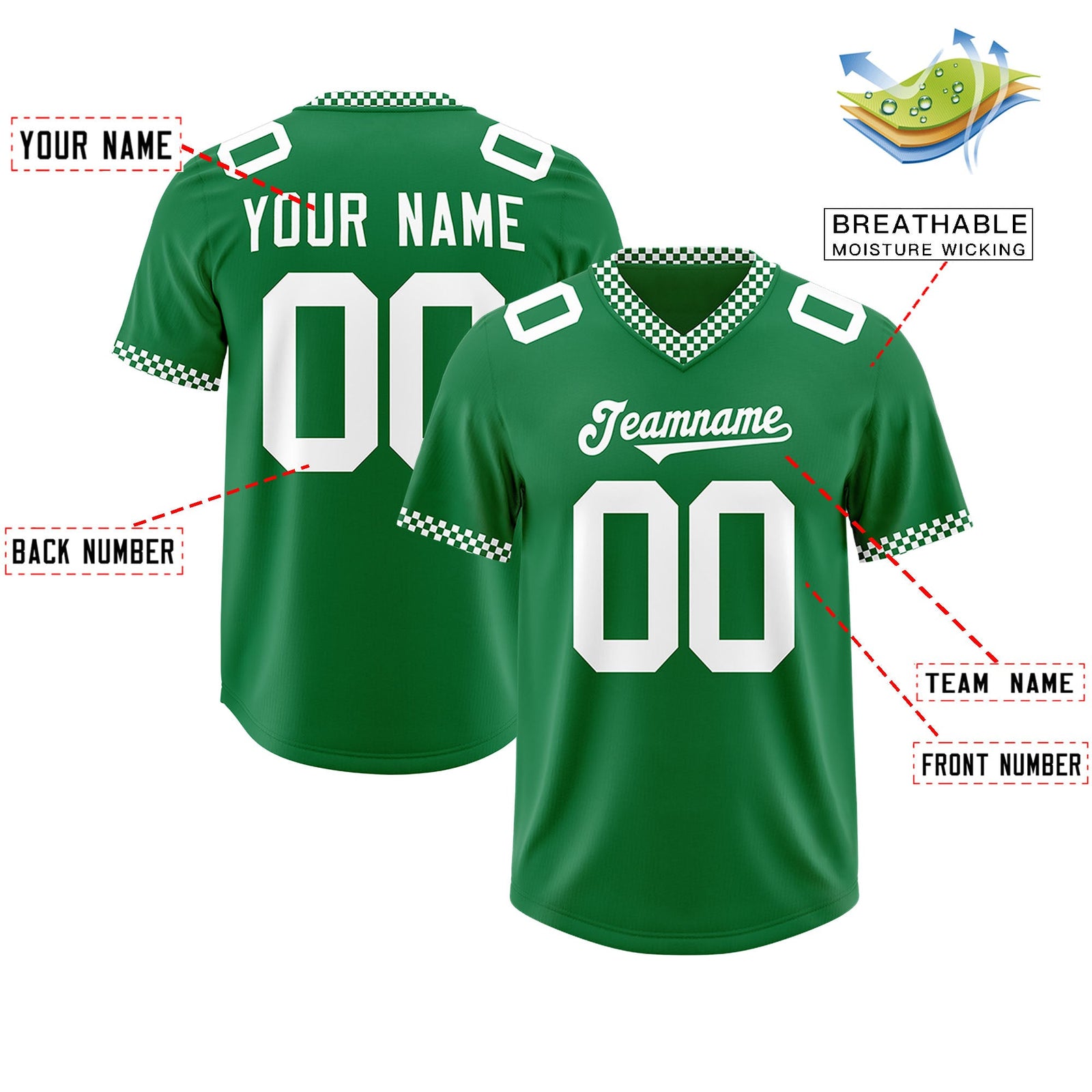 Custom Kelly Green White Personalized Neckline Square Classic Authentic Football Jersey