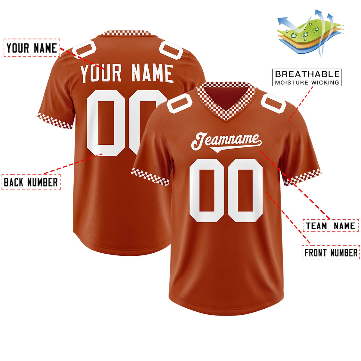 Custom Texas Orange White Personalized Neckline Square Classic Authentic Football Jersey