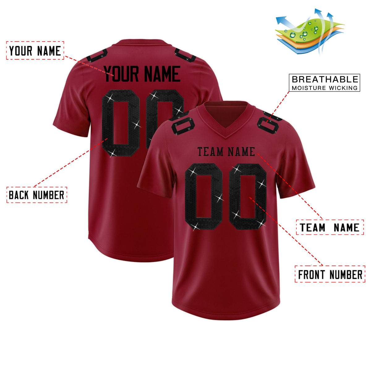 Custom Crimson Black sequin lettering Moisture-Wicking Football Jersey| KXKSHOP