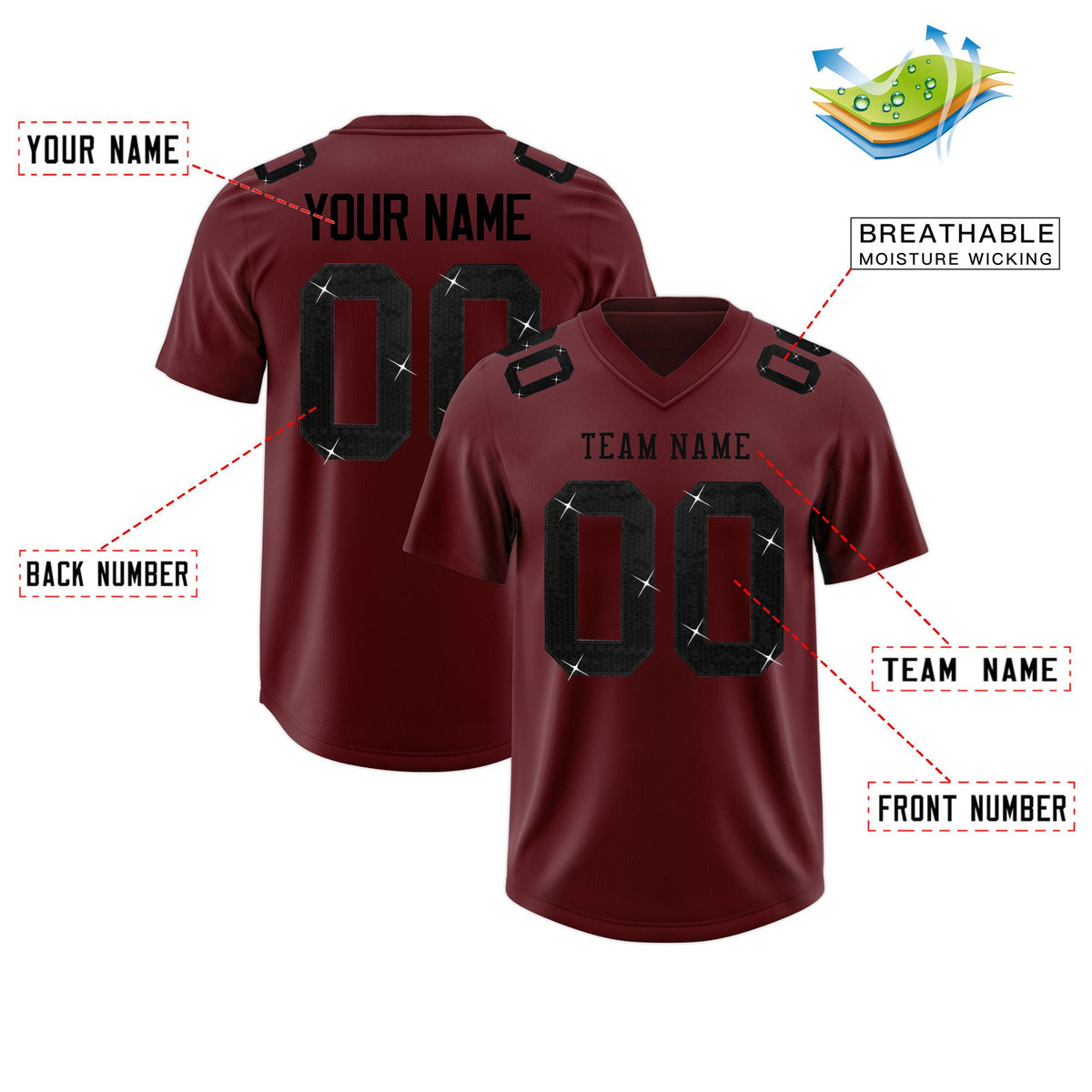 Custom Burgundy Black sequin lettering Breathable Football Jersey| KXKSHOP