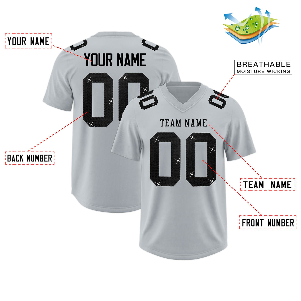 Custom Silver Black sequin lettering Stretch Fabric Football Jersey| KXKSHOP