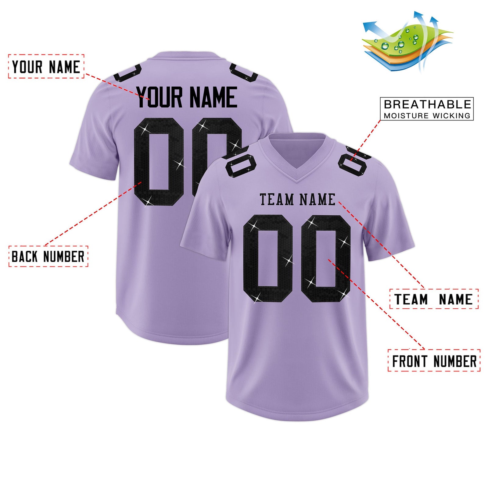 Custom Light Purple Black sequin lettering Moisture-Wicking Football Jersey| KXKSHOP