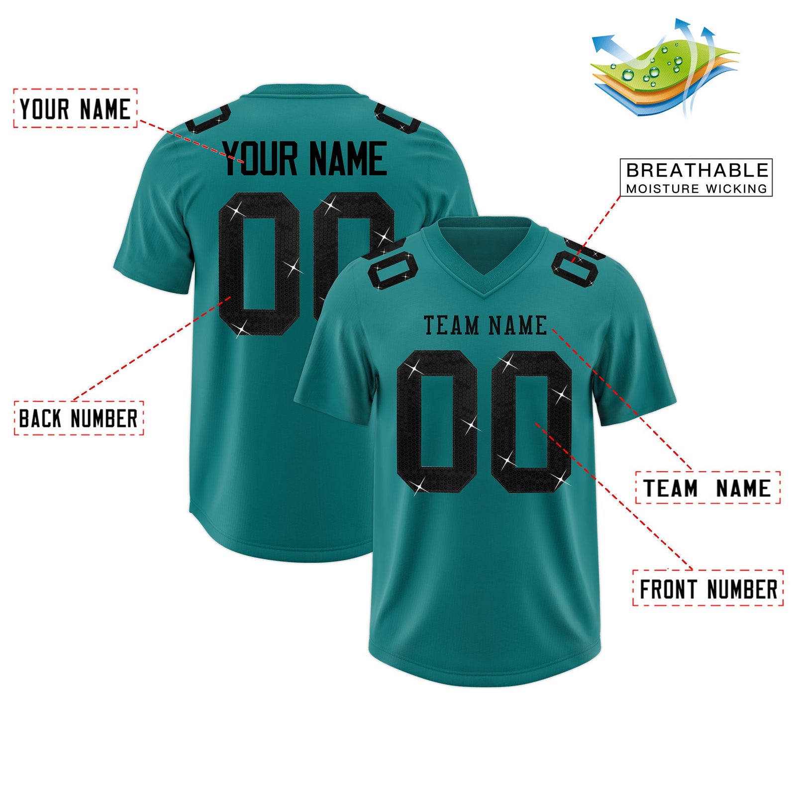 Custom Teal Black sequin lettering Breathable Football Jersey| KXKSHOP