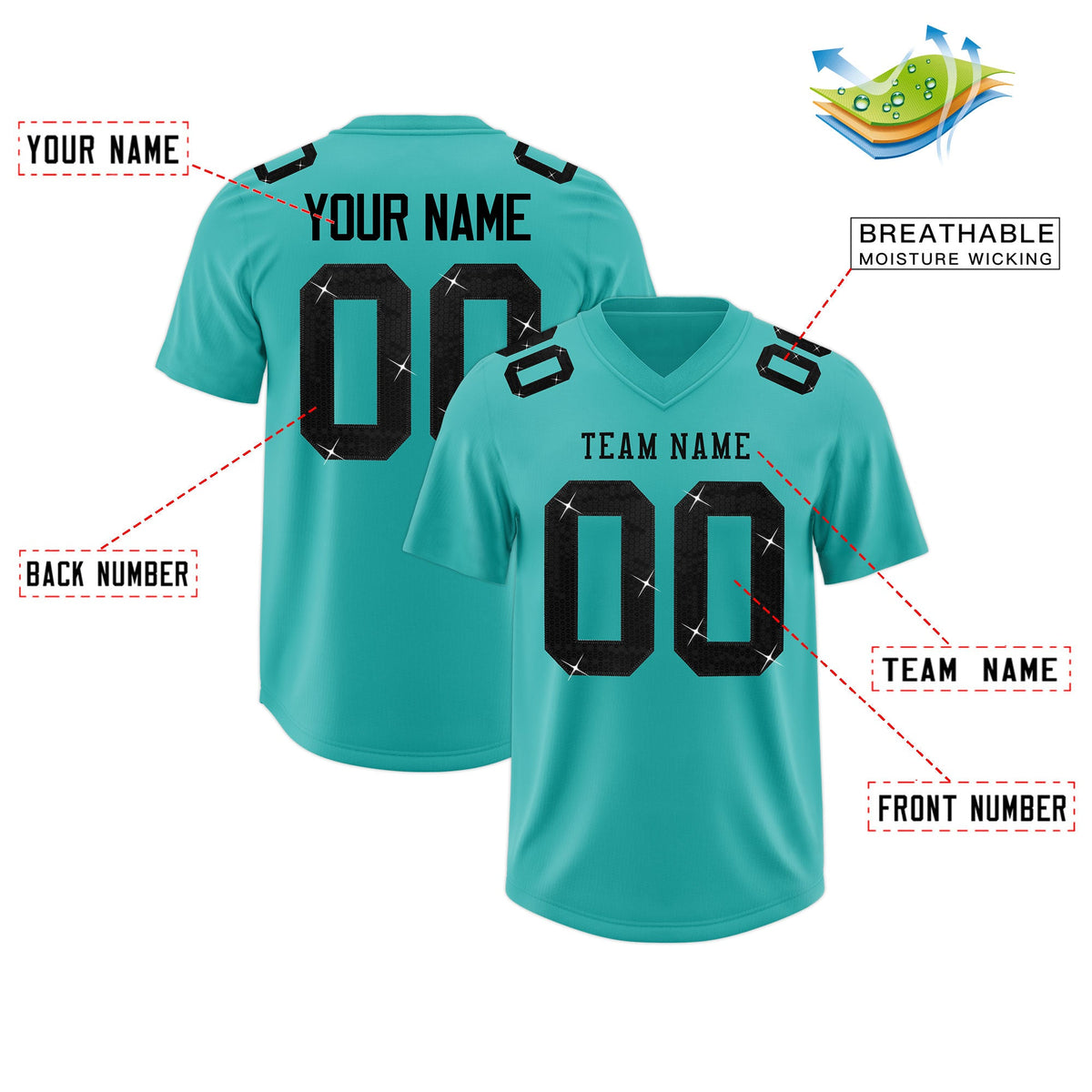 Custom Teal Black sequin lettering Stretch Fabric Football Jersey| KXKSHOP