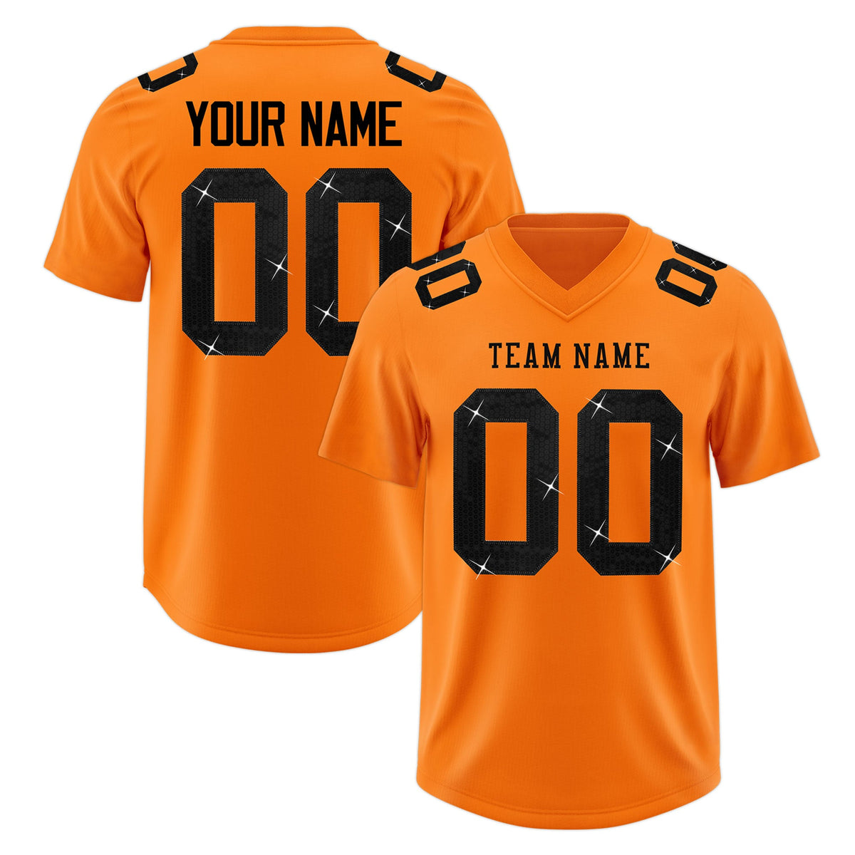 Custom Orange Black sequin lettering Stretch Fabric Football Jersey| KXKSHOP