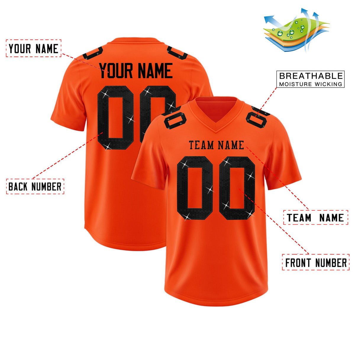 Custom Orange Black sequin lettering Moisture-Wicking Football Jersey| KXKSHOP