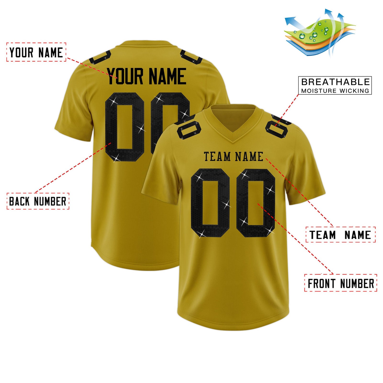 Custom Old Gold Black sequin lettering Breathable Football Jersey| KXKSHOP