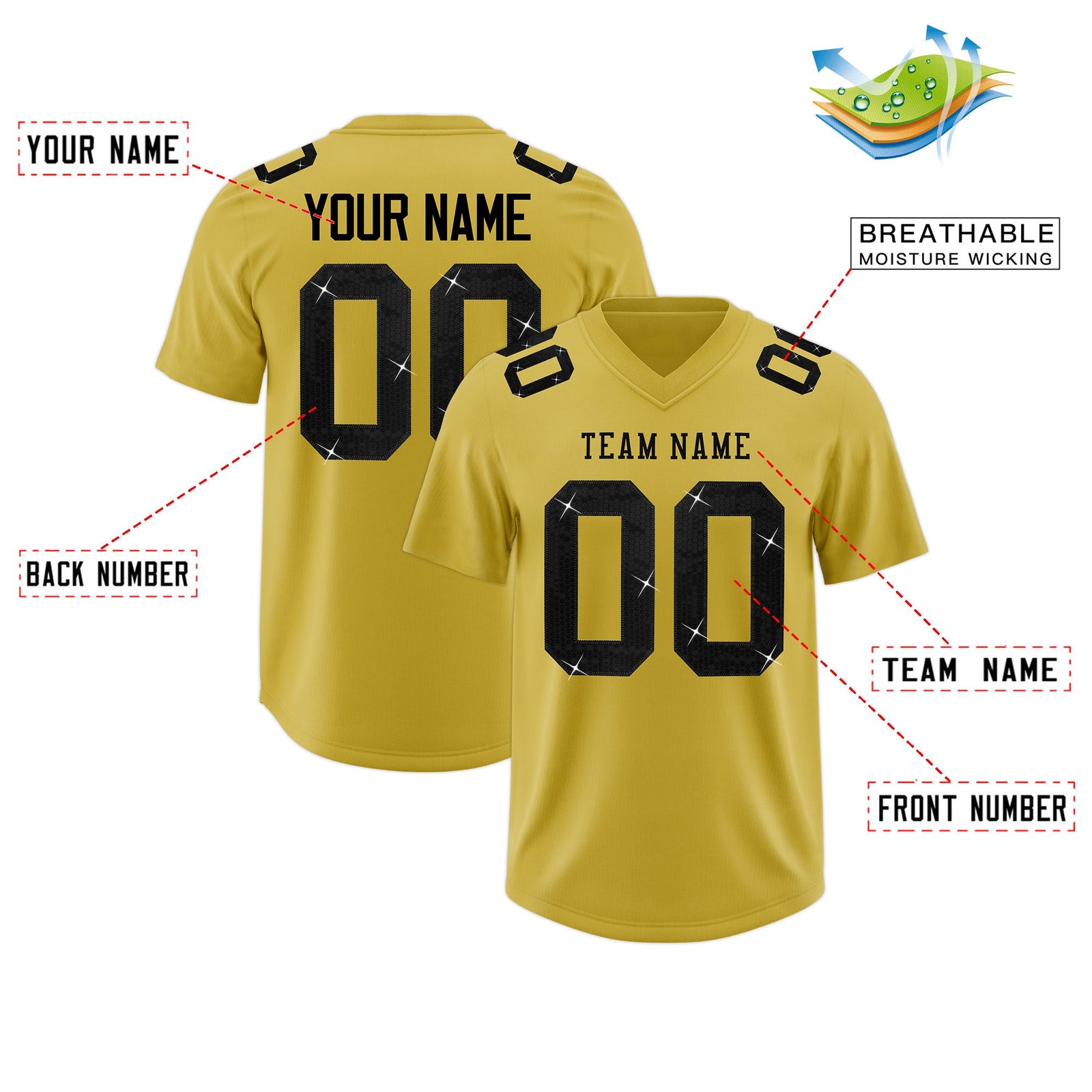 Custom Old Gold Black sequin lettering Stretch Fabric Football Jersey| KXKSHOP