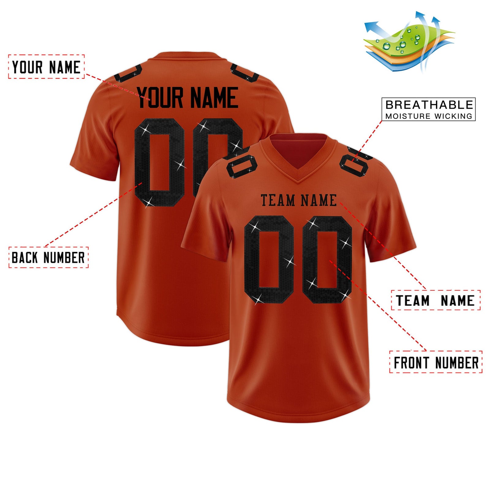 Custom Dark Orange Black sequin lettering Moisture-Wicking Football Jersey| KXKSHOP